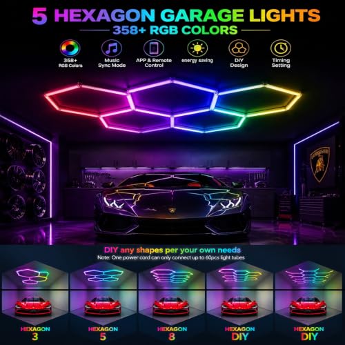 25Pack RGB 5 Hexagon LED Garage Lights-Music Sync Color Changing,App & Remote Control,358 Modes DIY Honeycomb Light for Gaming Room,Gym,Garage - color: RGB-25Lights-5Hexagon