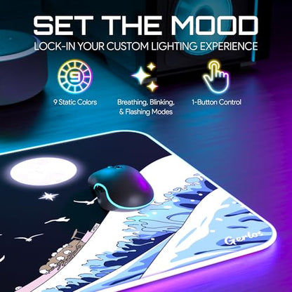 Gerlos RGB Gaming Mouse Pad, Large LED Desk Mat, 31.5 x 11.8 Inch | 12 light modes, non-slip base, water-resistant surface, stitched edges - color: Wave