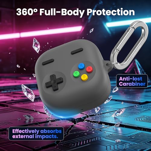 Delidigi Retro Gaming Case Compatible with Samsung Galaxy Buds 4 Pro & Galaxy Buds 4 (2026) – Silicone Protective Cover with Carabiner Game Console Style Earbuds Case Accessories - color: Deep Grey, size: Galaxy Buds 4/Galaxy Buds 4 Pro (2026)