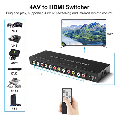 LVY 4 Port RCA to HDMI Converter/4Port AV Adapter Converter 720/1080P Support 16:9/4:3 Switcher Compatible with WII, N64, PS2,PS3, VHS, VCR DVD Players etc. (4AV Input 1 HDMI Output) - style: 4AV to HDMI Converter