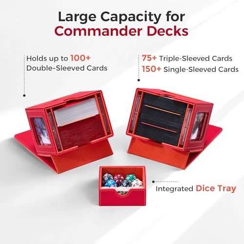 MTG Commander Deck Box with Dual Display Windows and Dice Tray | Fits 100 Double-Sleeved Cards, PU Leather, 2 Magnetic Card Holders, 2 Dividers, Red & Orange - color: 3. Red & Orange