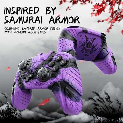PlayVital for Nintendo Switch 2 Pro Controller Skin Cover – Samurai Armor Edition Silicone Case for Switch 2 Pro Controller with Back Button Caps & Thumb Grip & Sticker, Shockproof - Purple & Black - color: Purple & Black
