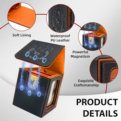 Card Deck Box with MTG Commander Display, Fits 100 Double Sleeved Cards, Magnetic Deck Case compatible with TCG Black/Orange - color: Black/Orange