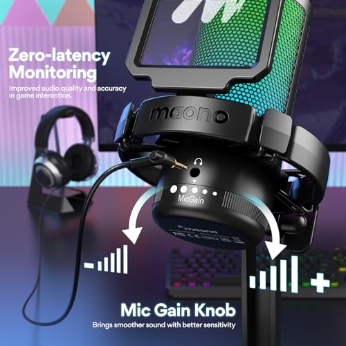 MAONO USB Gaming Microphone with Boom Arm Microphone Stand: Noise Cancellation Condenser Mic Kit with RGB Lights,for Streaming Recording Podcast Chat Twitch YouTube Discord DGM20+BA20 Black