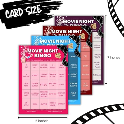 XOXO Parents Movie Night Bingo Cards, Reusable Supplies - Action | 4 reusable dry-erase cards, markers included, fun for kids & adults, guys night game, blockbuster movie lover gift