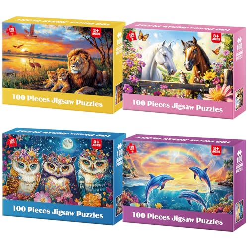 4-Pack Puzzles for Kids Ages 6-8 8-10 Year Old - Lions Horses Owls Dolphins, Large Piece Puzzles for Seniors, 100 Pieces Jigsaw Puzzles for Kids Ages 4-6, Learning Educational Toys for Boys and Girls - style: Lions Horses Owls Dolphins