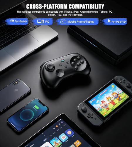 Wireless Fighting Controller for iOS/Android/Switch/PS4/PS3/PC, 6-Button Layout Bluetooth Controllers Retro Gamepad with Hall Joystick/Hall Trigger/Turbo/Programming Key for SEGA’s Classic Games,Black. - color: Black