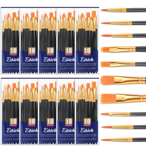 ESRICH Acrylic Paint Brushes Set, 10 Packs/ 100 Pcs Watercolor Brushes,Nylon Brush Head, for Oil Painting, Gouache, Face,Ceramics etc, Kid's and Adults Painting Arts and Crafts Paint Sets. - color: Black, size: 100