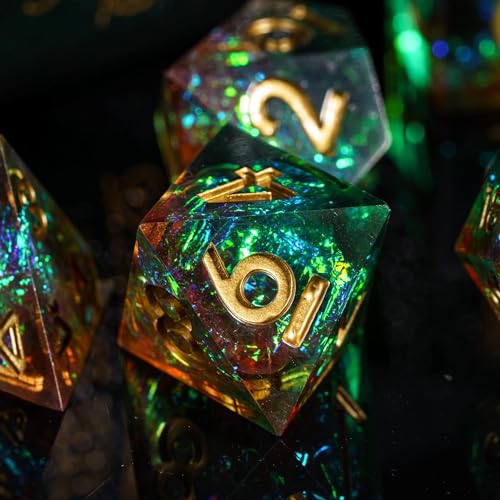 7PCS DND Dice Set,Handmade Sharp Edge Dice Set D&D RPG Polyhedral Die,for Dungeons and Dragons TTRPG Games Roleplaying Games Pathfinder,with Gift Box(Green with Brown) - color: Starry Sky(green With Brown)