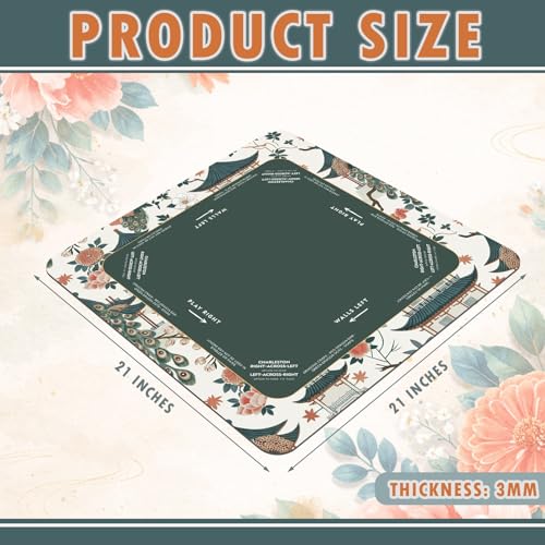 Foilswirl 1 Pcs Mini Chinoiserie Mahjong Mat for Travel - 21" x 21" Green Floral Peacock Mahjong Mat Non-Slip Noise Reduction Carrying Bag for Poker Board Card Games Dominoes