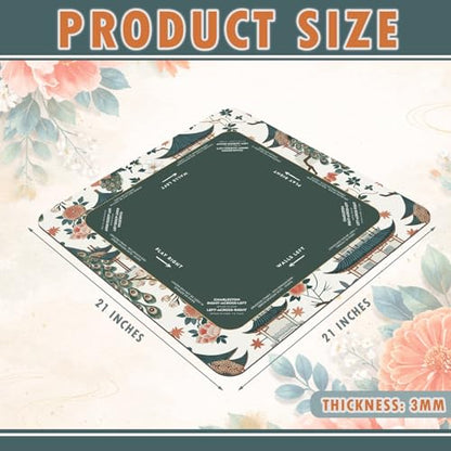 Foilswirl 1 Pcs Mini Chinoiserie Mahjong Mat for Travel - 21" x 21" Green Floral Peacock Mahjong Mat Non-Slip Noise Reduction Carrying Bag for Poker Board Card Games Dominoes