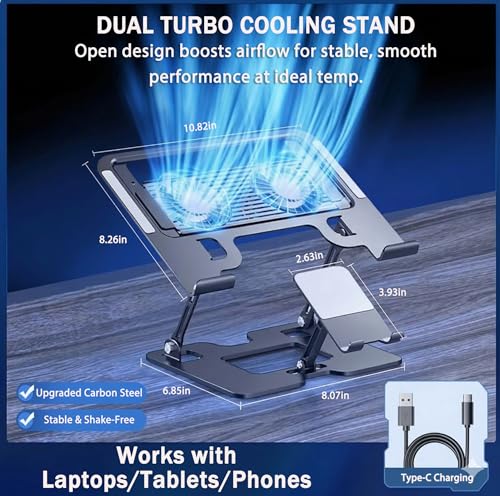 Laptop & Phone 2-in-1 Cooling Stand with Silent Fan, Adjustable Height & Angle, Carbon Steel Foldable Laptop Riser, Gaming Laptop Cooler Pad for Laptops Up to 18 Inch (Black) - color: Black