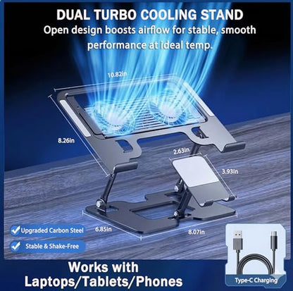 Laptop & Phone 2-in-1 Cooling Stand with Silent Fan, Adjustable Height & Angle, Carbon Steel Foldable Laptop Riser, Gaming Laptop Cooler Pad for Laptops Up to 18 Inch (Black) - color: Black