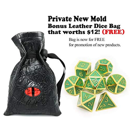 Haxtec Metal DND Dice Set, 7 Pcs Glow in the Dark Polyhedral Dice for RPG | Gold Glowing Blue D&D Dice with Leather Dragon Eye Bag, Compatible with Dungeons and Dragons, Heavy Metallic, MTG Gifts - color: Gold Blue Green