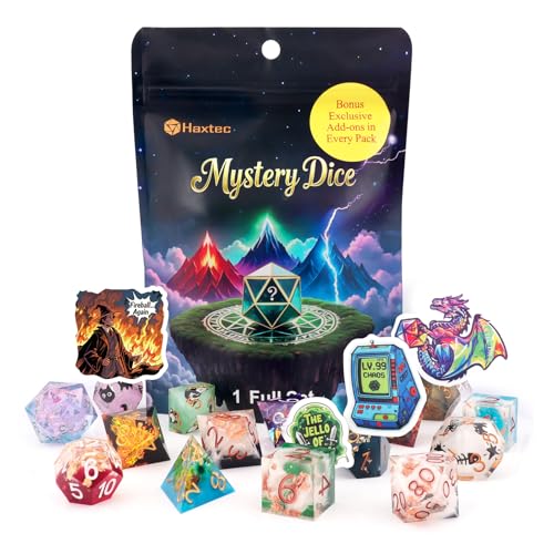 Haxtec Handmade Sharp Edge DND Dice Set 7pcs Polyhedral Dice + 3 Funny Waterproof Stickers, Epoxy Resin Dice for Dungeons & Dragons, Original Design, Great DND Gift, No Duplicates in 2/5 Packs - style: Sharp Edge