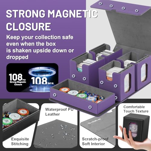 Trading Card Storage Box with Commander Display for MTG, TCG, Sports Cards, 5-in-1 Card Deck Box, Holds 450+ Double-Sleeved Cards, 4 Individual Deck Cases with Covers, Dice Tray & Magnetic Holders - color: Purple & Grey