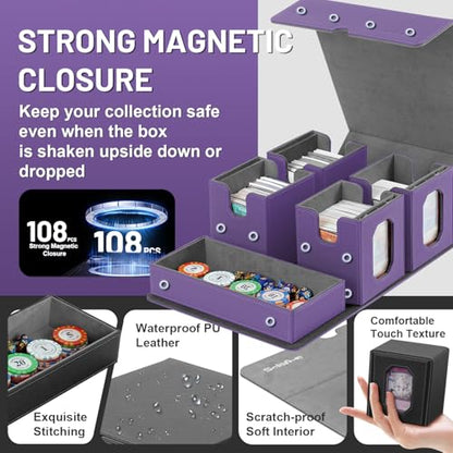 Trading Card Storage Box with Commander Display for MTG, TCG, Sports Cards, 5-in-1 Card Deck Box, Holds 450+ Double-Sleeved Cards, 4 Individual Deck Cases with Covers, Dice Tray & Magnetic Holders - color: Purple & Grey