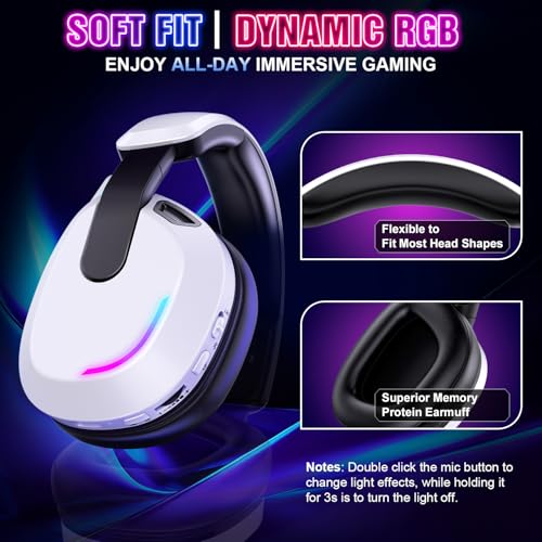 BENGOO 60H Wireless Gaming Headset with RGB Lights for PS5 PS4 PC | 7.1 Surround Sound, Noise Cancelling Mic, Bluetooth 5.4, Memory Foam Ear Cushions, Compatible with Switch Mac - color: White