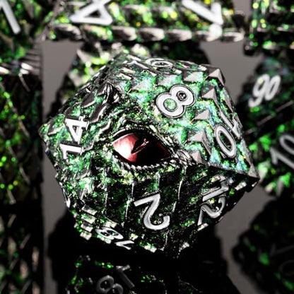 Metal Dice Set D&D,7 PCS Dragon Scale Metallic DND Dice Set,Dragon Eye Metal Dice with Grogeous Gift Case for Dungeons and Dragon Tabletop Game (Glitter Green Dragon Scale & Red Eye) - color: Glitter Green Dragon Scale & Red Eye