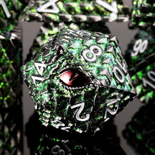 Metal Dice Set D&D,7 PCS Dragon Scale Metallic DND Dice Set,Dragon Eye Metal Dice with Grogeous Gift Case for Dungeons and Dragon Tabletop Game (Glitter Green Dragon Scale & Red Eye) - color: Glitter Green Dragon Scale & Red Eye