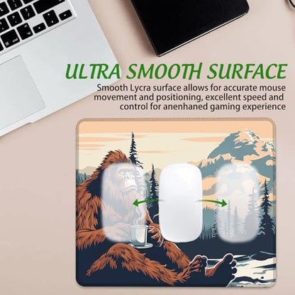 Sasquatch in Forest Holding Coffee Mouse Pad Square MousePads Non-Slip Rubber Base Mouse Mat Desk Pad with Stitched Edge for Desk Computers Laptop Office, 9.5x8 Inches - color: Sasquatch in Forest Holding Coffee