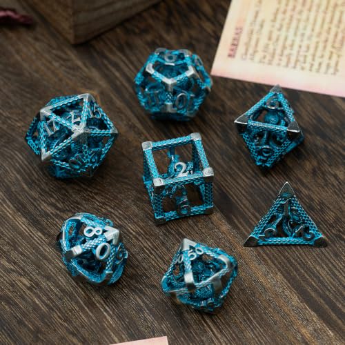 Hollow Cthulhu Metal Dice Set,7-Piece RPG Dice,Sliver Blue | Lightweight Copper Dice,Easy-To-Read Numbers,a Gift Box and Velvet Bag for RPG Play,Gifting and Collecting. - color: Cthulhu Blue