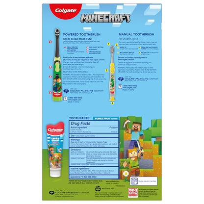Colgate Kids Minecraft Toothbrush and Kids Toothpaste Gift Set, Includes Minecraft-Themed Battery Toothbrush, 2 Bubblegum Flavored Fluoride Toothpastes, and 2 Manual Toothbrushes - style: Minecraft