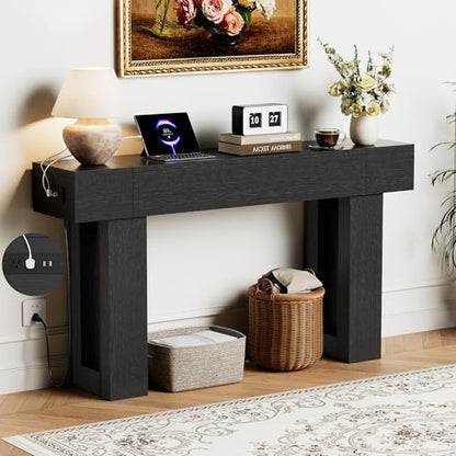 63 Inch Long Console Table w/Outlets & USB Ports, Narrow Rectangular Sofa Table Behind The Couch, Farmhouse Entryway Table for Entrance, Hallway, Living Room(Black with Outlet) - color: Black, style: With Socket