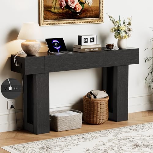 63 Inch Long Console Table w/Outlets & USB Ports, Narrow Rectangular Sofa Table Behind The Couch, Farmhouse Entryway Table for Entrance, Hallway, Living Room(Black with Outlet) - color: Black, style: With Socket