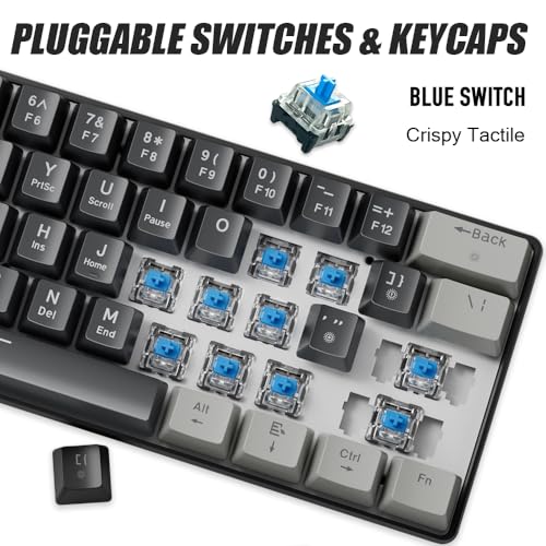 abucow 60% Mechanical Gaming Keyboard Blue Switch Wired Compact Keyboard Anti-Ghosting No-Conflict 61 Swappable keycaps Ergonomic Design for Windows/Mac (Gray-Black) - color: Gray-Black