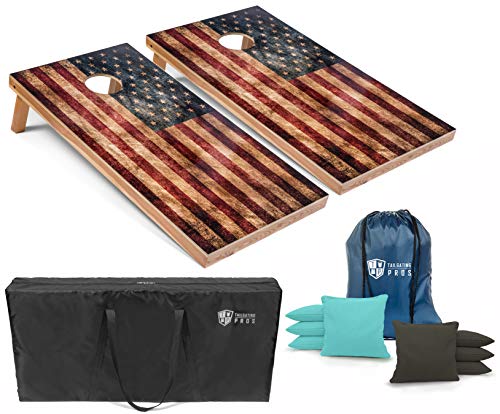 Tailgating Pros Rustic American Flag Cornhole Boards w/Bean Bags - 4'x2' Distressed Flag Cornhole Game w/Multicolored LED Ring, Carrying Case & Corn Hole Bags - color: Baby / Charcoal