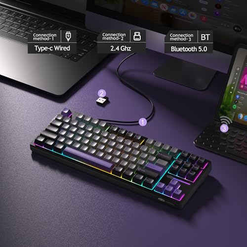 MageGee LIGHT87 Wireless Creamy Keyboard, Gasket Structure Hot Swappable Mechanical Keyboards, 2.4G/USB-C/BT5.0 RGB Backlit Gaming Keyboard for Win/Mac/PC, 4000mAh Battery, PBT Keycaps, Purple - color: Black Purple/Blue Whale Switch