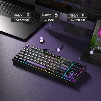 MageGee LIGHT87 Wireless Creamy Keyboard, Gasket Structure Hot Swappable Mechanical Keyboards, 2.4G/USB-C/BT5.0 RGB Backlit Gaming Keyboard for Win/Mac/PC, 4000mAh Battery, PBT Keycaps, Purple - color: Black Purple/Blue Whale Switch