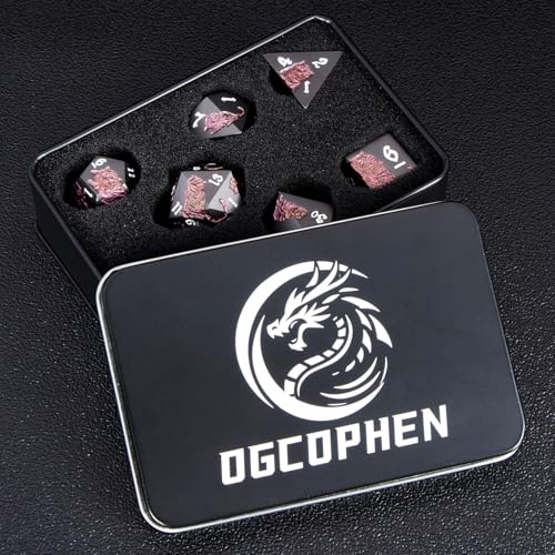 Metal DND Cat Dice 7PCS Polyhedral RPG Dice Set with Gift Case for Dungeons Dragons Role Playing Game, D and D Dice D6 D8 D10 D12 D20 D% (Purplish Red) ﻿ - color: Cat-purple Red&black