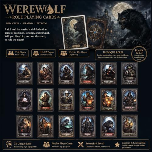 KAIU Werewolf Card Game, Social Deduction Party Game with 18 Unique Roles, Gothic Artwork 52 Role Cards & 3 Description Cards for Large Groups Family Game Night, 7-16+ Players