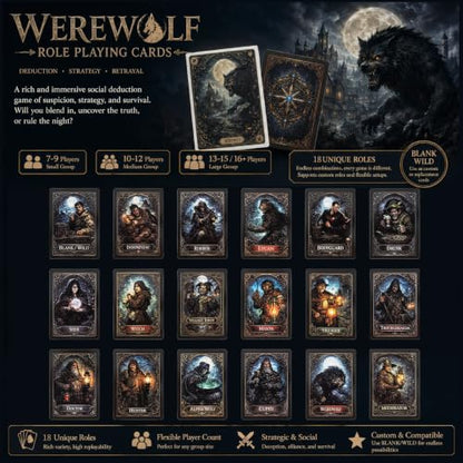 KAIU Werewolf Card Game, Social Deduction Party Game with 18 Unique Roles, Gothic Artwork 52 Role Cards & 3 Description Cards for Large Groups Family Game Night, 7-16+ Players