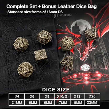 Haxtec Bronze Metal DND Dice Set Antique Polyhedral D&D Dice with Leather Dice Bag Compatible with Dungeons and Dragons Gift TTRPG Gamer Gifts for DND Lovers Masters - color: Antique Bronze