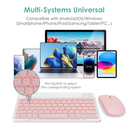 LAMA 7 Colors Backlit Bluetooth Keyboard and Mouse Combo for iPad Pro/Air/Mini, Ultra-Slim Rechargeable Wireless Keyboard and Mouse for iPhone 15/14/13 Pro/Samsung/PC/Laptop/iOS/Windows/Android,PK - color: Pink