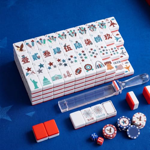160 Pcs USA Theme American Mahjong Tiles Set 1.2 Inch Patriotic Veterans Day Mahjong Tile 4th of July Independence Day Red White Blue Mini Game Set for Travel Family Game Night Holiday - style: Usa Theme
