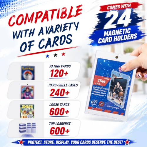 Trading Card Storage Box Top Loader Card Case for Sports Cards Hard Organizer Case with 9 Dividers 4 Foam Dividers and 24pcs Magnetic Holder Sleeve for 620+ Top loaders or 144 Magnetic Cards