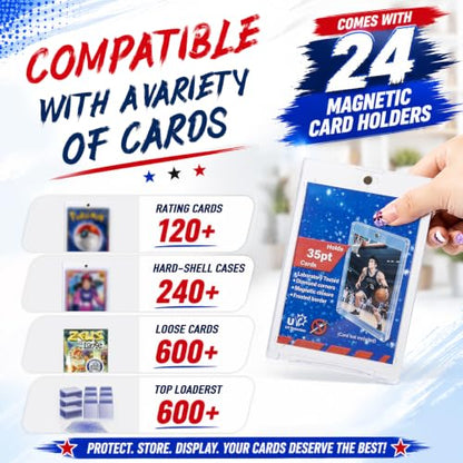 Trading Card Storage Box Top Loader Card Case for Sports Cards Hard Organizer Case with 9 Dividers 4 Foam Dividers and 24pcs Magnetic Holder Sleeve for 620+ Top loaders or 144 Magnetic Cards