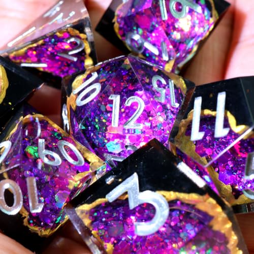 XENOLUX Polyhedral RPG Dice, Resin DND Dice Set for Dungeons and Dragons, Handmade Purple Geode Board Games Accessories with Holographic Foil and Tin Case (G1) - color: G1