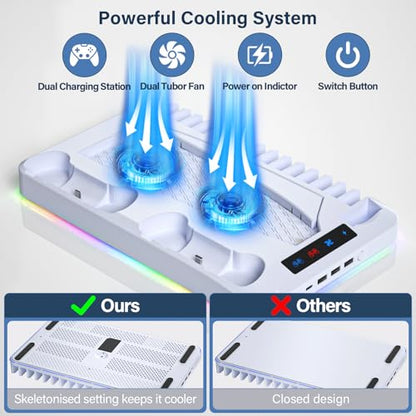 PS5/PS5 Slim Cooling Station, PS 5 Stand with Controller Charger for Playstation 5 Disc Console& Digital Console, for Playstation 5 Cooling Fan Accessories, LED,USB Hubs,Headset Holder,Games Slot