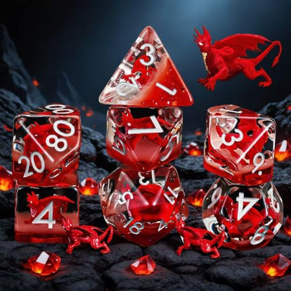 DND Resin Dice Set, Polyhedral D&D Red Dragon Dice Inclusion Dice for Dungeons and Dragons MTG RPG (Red Dragon) - color: Red Dragon