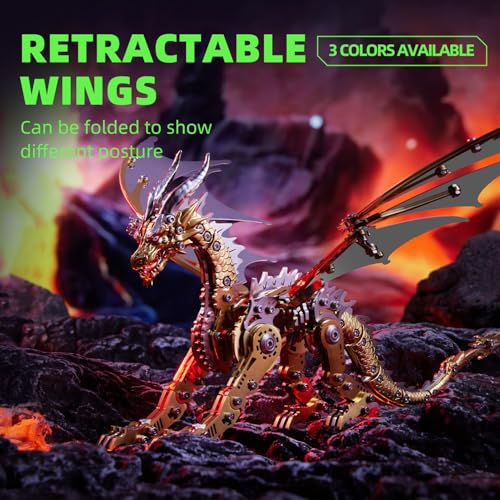 OreilleStar 3D Metal Dragon Puzzle, Mechanical Model Building Kit, Green and Red Assembly Puzzle for Adults Gift (Gold Dragon) - color: Gold Dragon
