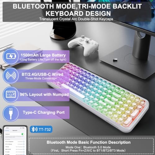 Wireless Computer Keyboard with RGB Backlit, Tri-Mode Bluetooth 5.0/USB-C/2.4GHz Ergonomic Gaming Keyboard - Full-Size Rechargeable Transparent Keycap for Laptop/Windows/PC - White - color: 732 White