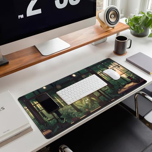 Cute Lofi Desk Mat Green Plants Mouse Pad Large Black Cat Aesthetic Desk Pad Kawaii Anime Extended Gaming Mousepad XL Laptop Keyboard Mouse Mat Deskmat 31.5"x11.8" Cute Office Decor - color: Green Plants