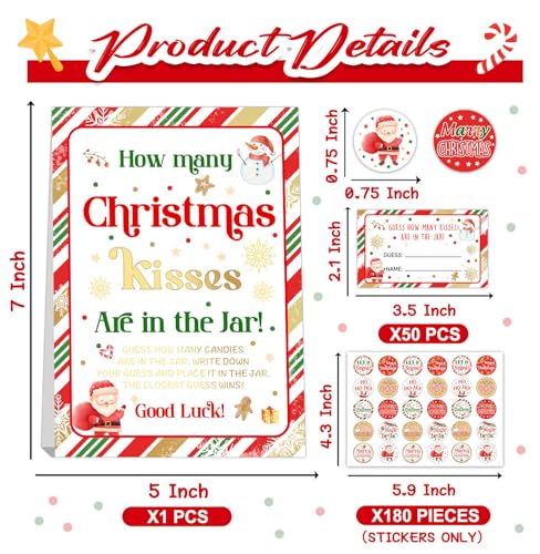 ALodr Guess How Many Christmas Kisses Game, How Many Kisses Standing Sign 50 Guessing Cards 180 Christmas Kisses Stickers, Christmas Games for Adults, How Many Kisses Christmas Game Set for Christmas - color: Christmas 01