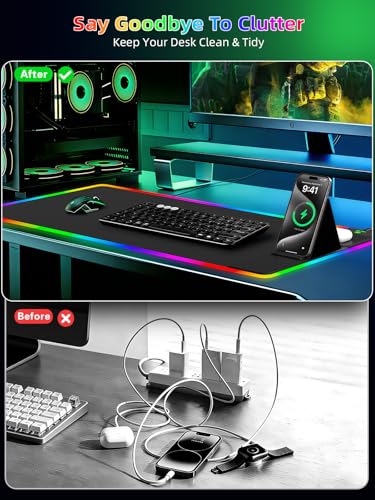 Mouse Pad with Foldable Phone Holder & Wireless Charger, XXL RGB Gaming Mousepad 31.5"x15.8" Large Desk Mat for Keyboard, Black Desk Pad with Dual Qi Charging Station | 11 Colors 5 Modes | Waterproof - color: Black-Right Phone Holder-31.5"x15.8"(with Char