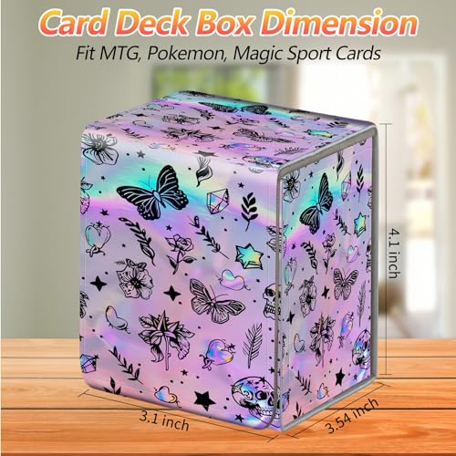 Card Deck Box, Card Storage Box Fits 100+ Single Sleeved Cards, Large Capacity PU Leather Card Storage Box with Strong Magnet for Magic Commander TCG CCG, Cute Iridescent Butterfly - color: Cute Iridescent Butterfly